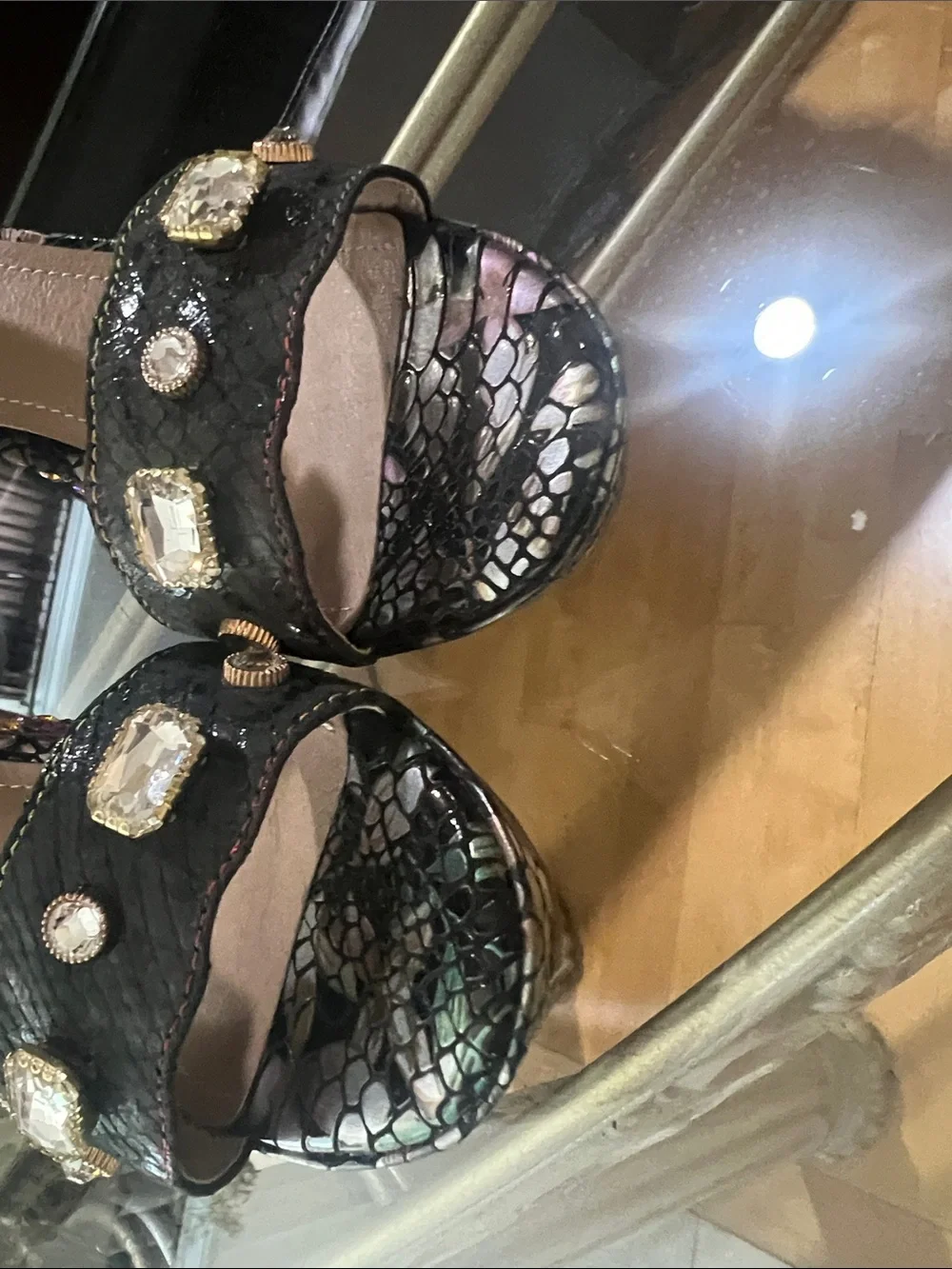 L'ATISTE Black Jeweled Ankle-Strap Heels